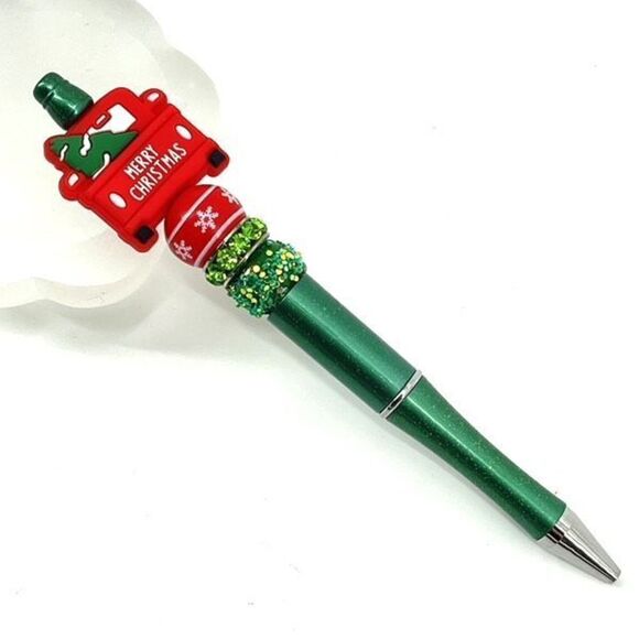 Merry Christmas pickup truck tree handmade pen NEW beads green red - Picture 1 of 6